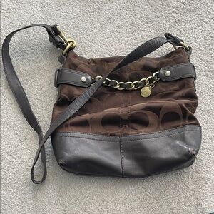 Coach Brown Signature Canvas Shoulder Bag with Gold-Tone Chain